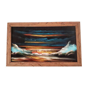 Vintage Black Velvet Oil Painting Seascape Art Mexico Carved Wood Frame 22X13.5"